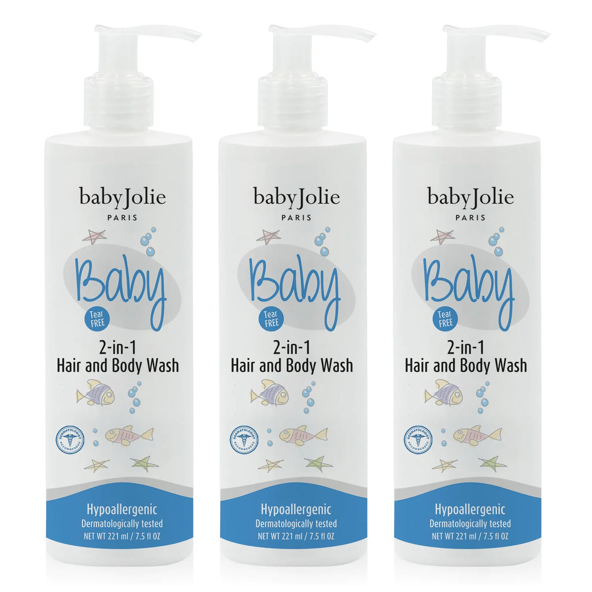 Three 7.5oz white pump bottles of Baby Jolie 2-in-1 tear-free hair and body wash with blue fish and bubble graphics.