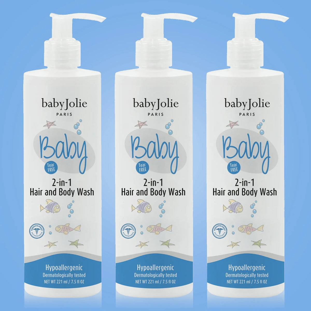 Three white pump bottles of Baby Jolie 2-in-1 tear-free hair and body wash, 7.5oz each, against a blue background.