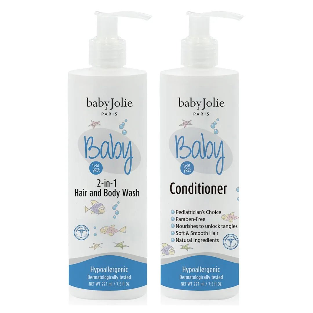 Baby Jolie 2-in-1 hair and body wash and conditioner set in 7.5oz white pump bottles with blue fish and star graphics.
