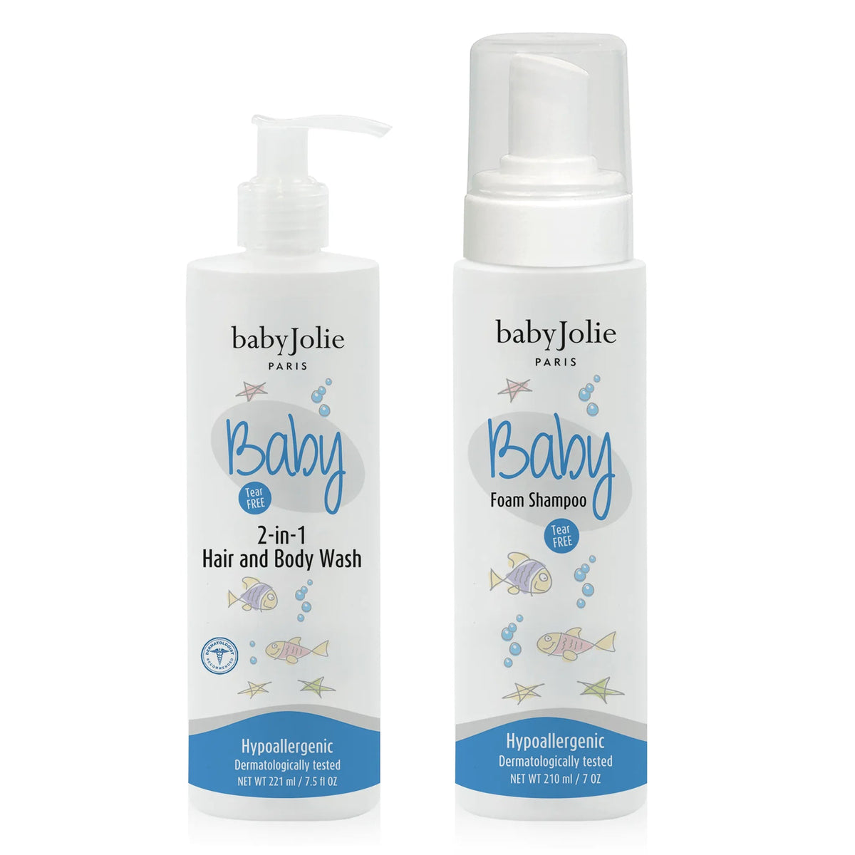 Baby Jolie 2-in-1 hair and body wash pump bottle and foam shampoo bottle with blue fish and bubble graphics.