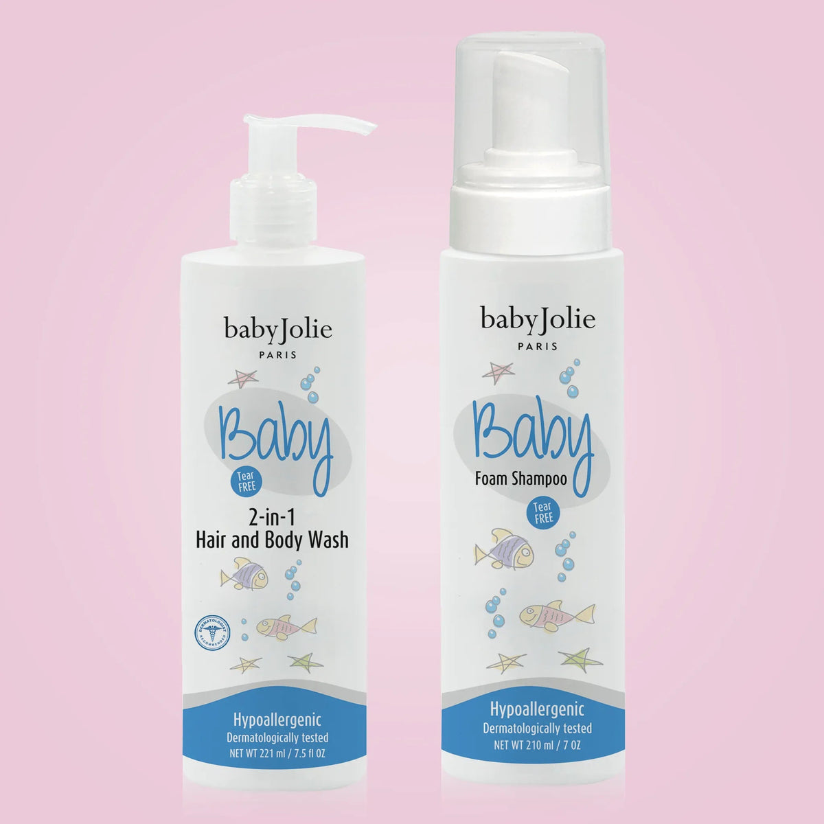 Baby Jolie 2-in-1 hair and body wash and foam shampoo bottles with pump dispensers on a soft pink background.