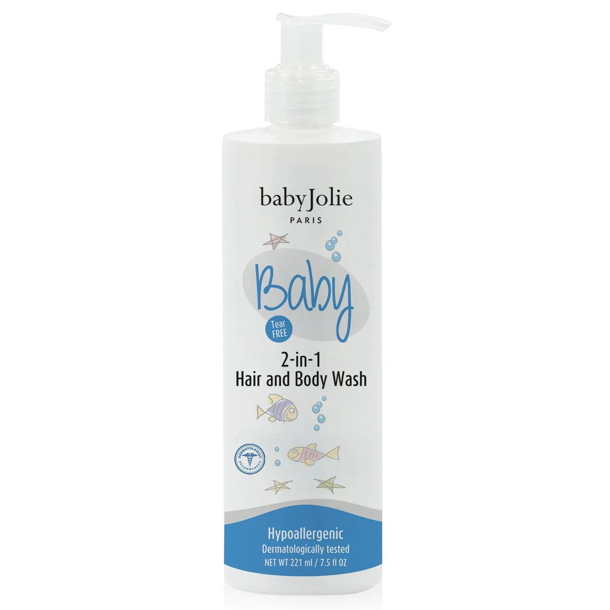 Baby Jolie 2-in-1 hair and body wash in a white 7.5oz pump bottle with blue fish and star graphics.