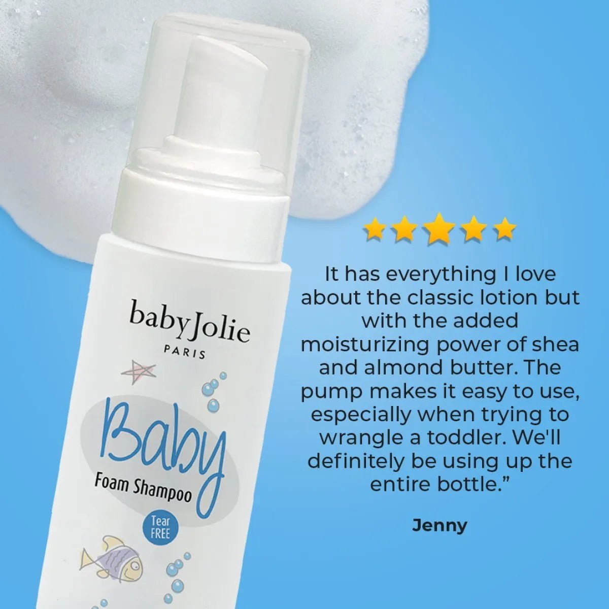 Baby Jolie foam shampoo bottle with a pump dispenser, blue background, and a five-star customer review overlay.