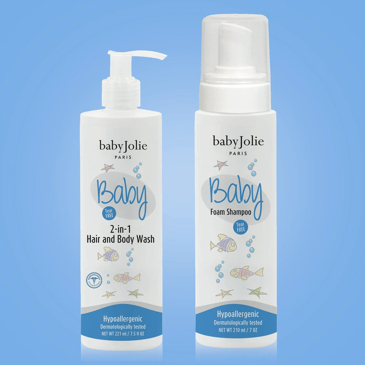 Baby Jolie 2-in-1 hair and body wash and foam shampoo bottles with pump dispensers and playful fish illustrations on blue.