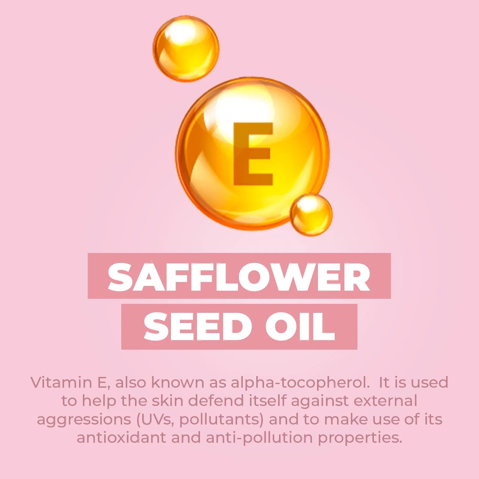 Golden Vitamin E icon on a soft pink background with text highlighting Safflower Seed Oil benefits for baby skin.