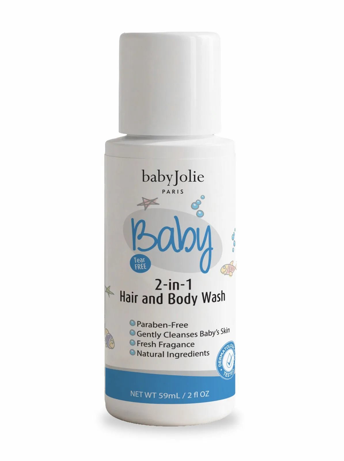 Travel-size 2oz Baby Jolie 2-in-1 hair and body wash bottle with white cap and blue sea-themed label on white background.