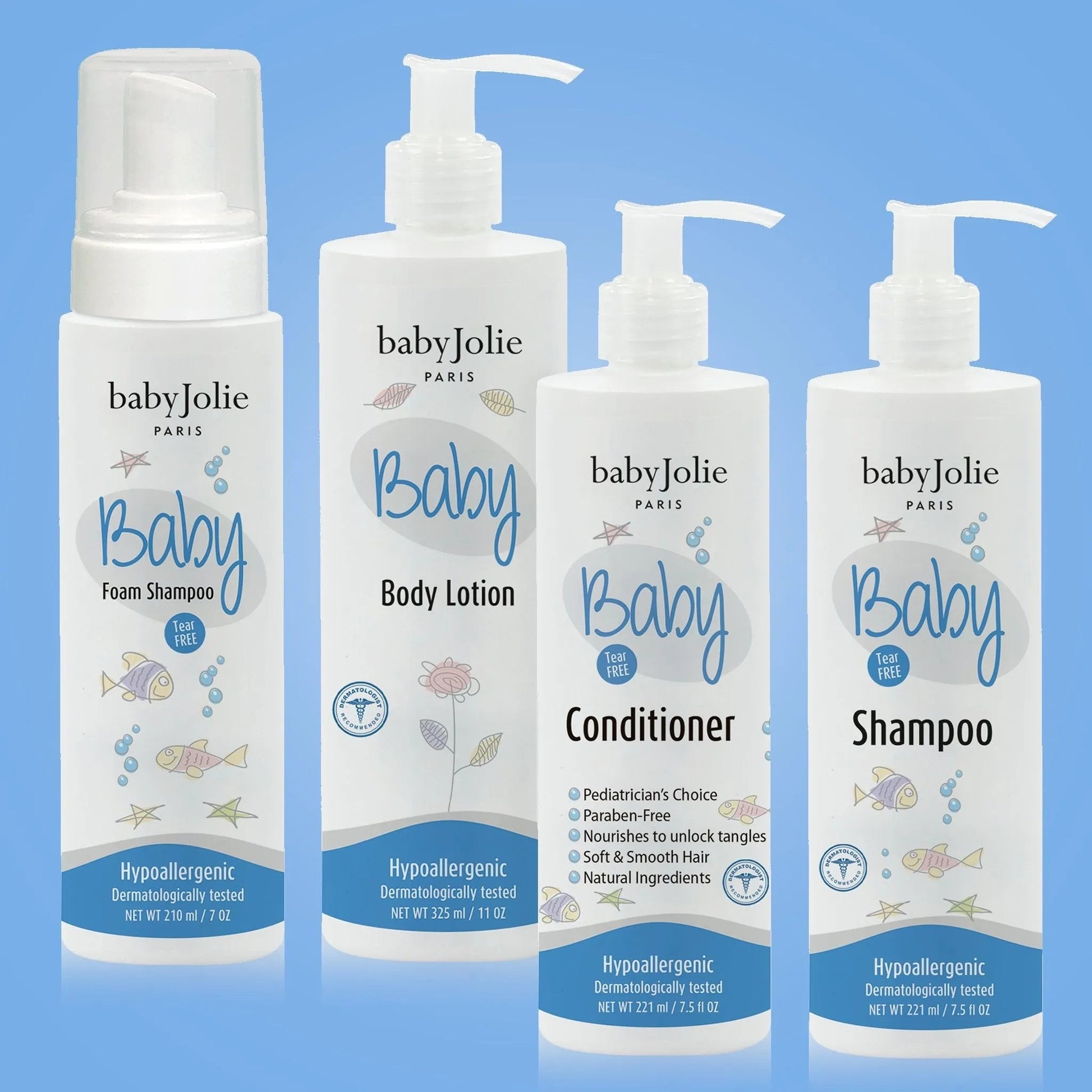 Baby Jolie four-piece bath bundle with white pump bottles featuring blue labels, fish illustrations, and tear-free branding.