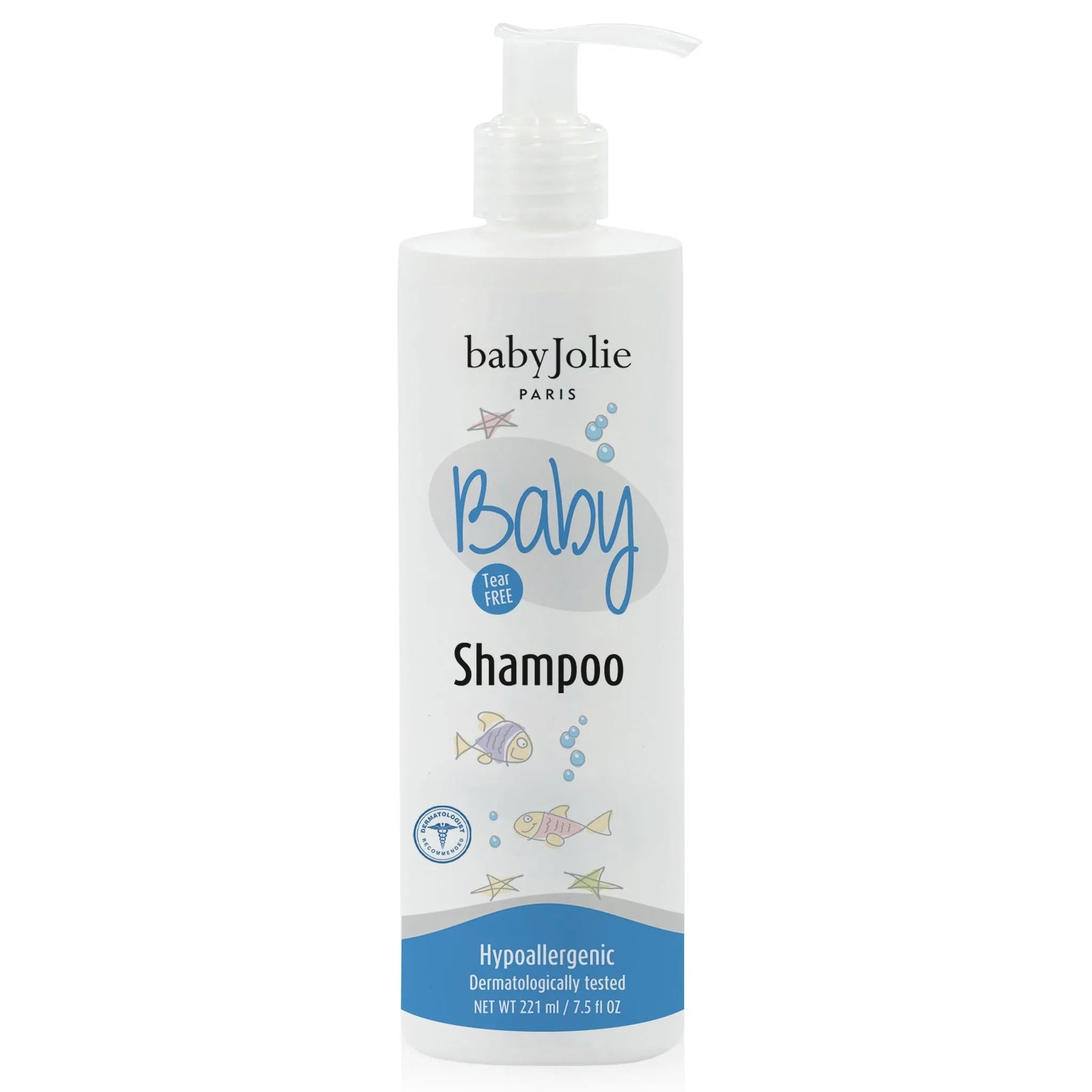 Baby Jolie tear-free shampoo in a white 7.5oz pump bottle with blue fish and star graphics on a white background.