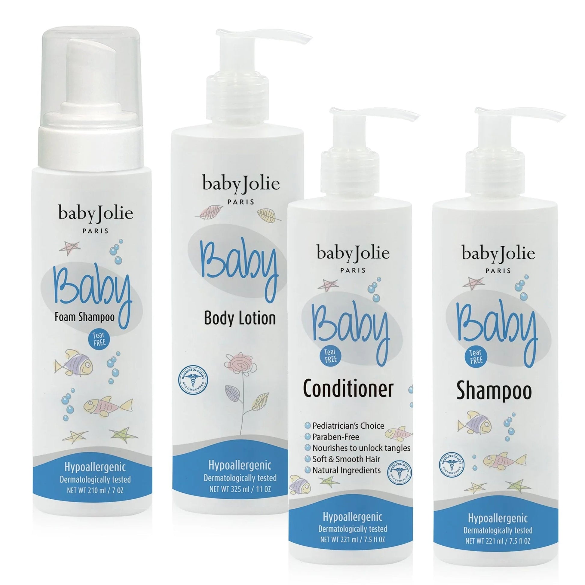 Baby Jolie four-piece bath bundle featuring white pump bottles with blue fish and floral graphics for baby care.