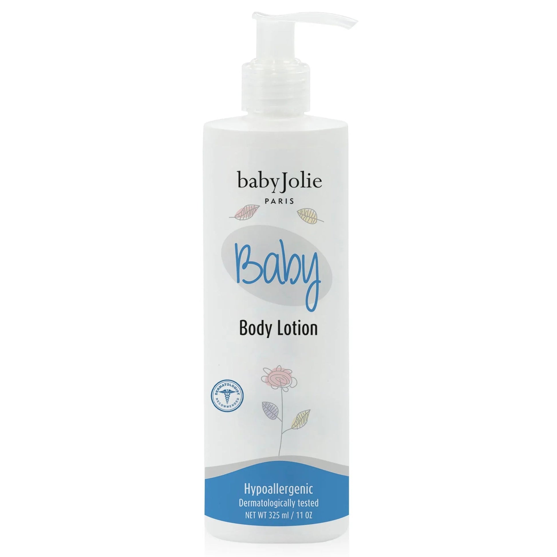 Baby Jolie white body lotion bottle with a pump dispenser, featuring blue text, floral illustrations, and a blue base label.
