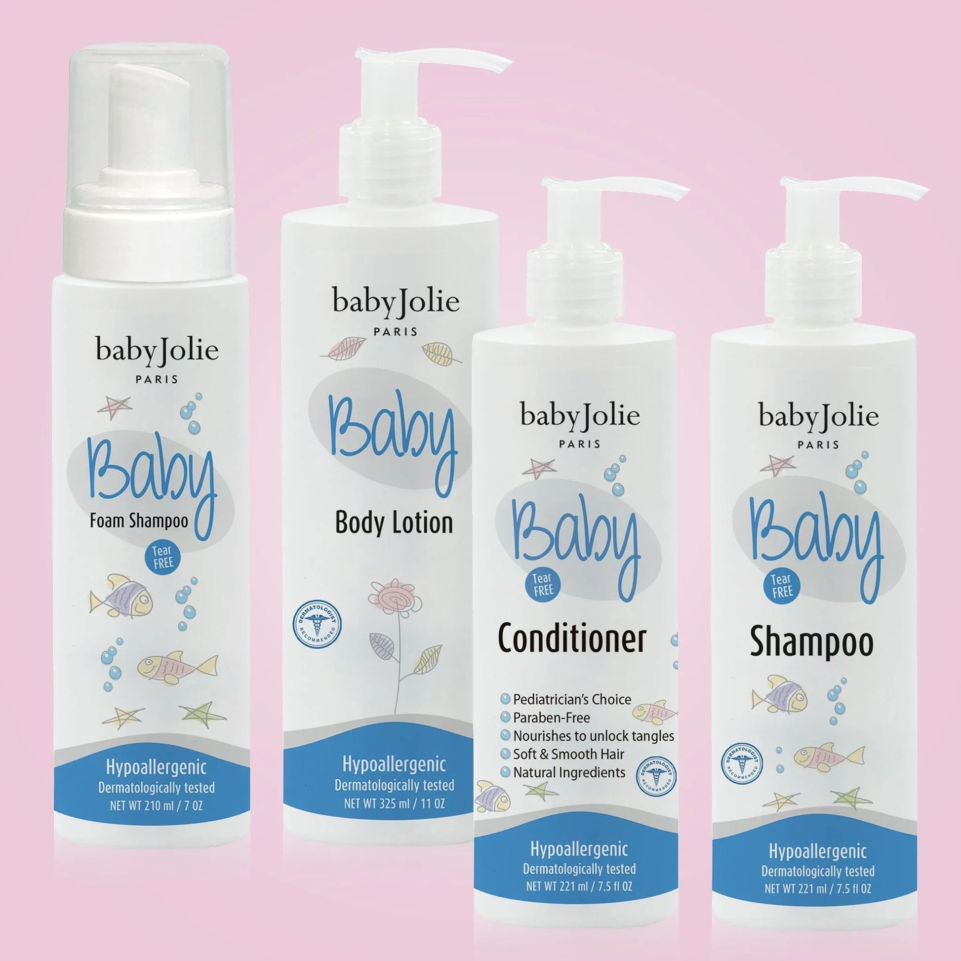 Baby Jolie four-piece bath bundle featuring white pump bottles with blue fish and floral labels on a pink background.