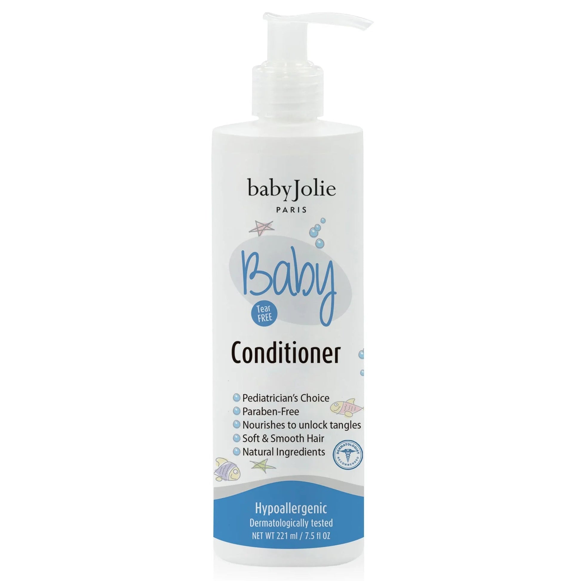 Baby Jolie white pump bottle of tear-free baby conditioner with blue accents and playful fish illustrations.