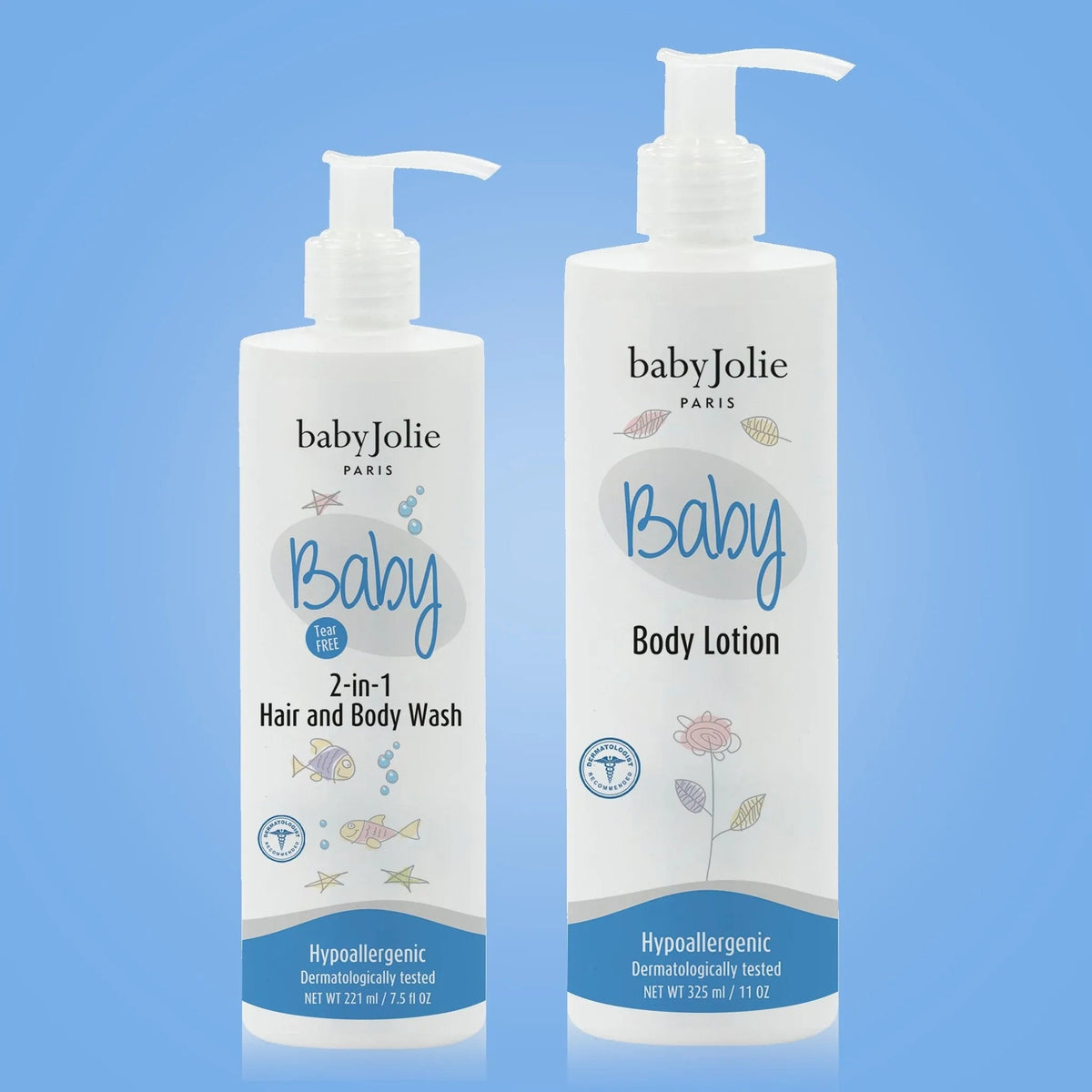 Baby Jolie 2-piece bath bundle with white pump bottles of 2-in-1 hair and body wash and body lotion on blue background.