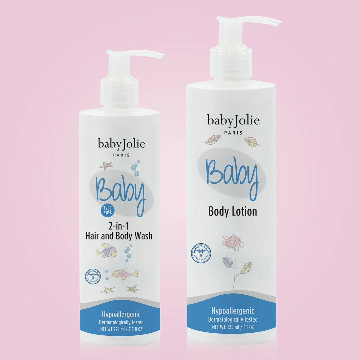 Baby Jolie 2-in-1 hair and body wash and body lotion pump bottles on a soft pink background.