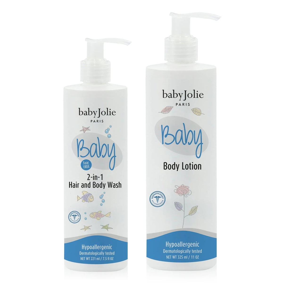 Baby Jolie 2-piece bath bundle with white pump bottles of 2-in-1 hair and body wash and moisturizing body lotion.