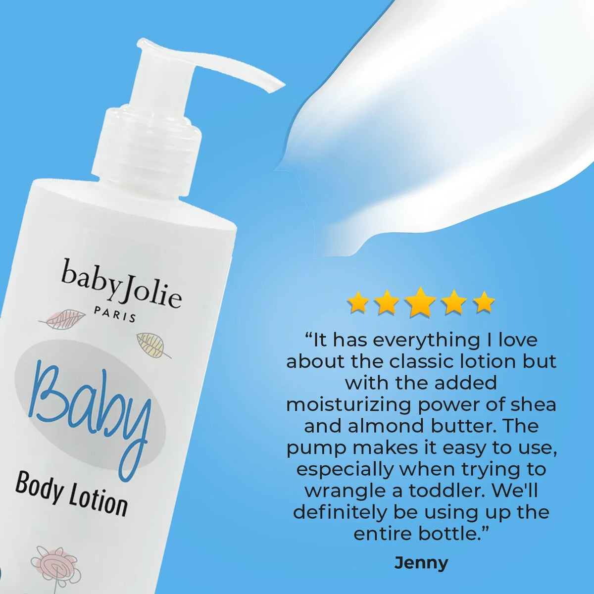 Baby Jolie 11oz pump bottle of white baby body lotion with a five-star review against a blue background.