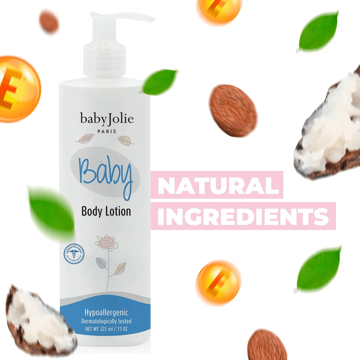 Baby Jolie 11oz body lotion pump bottle surrounded by floating shea butter, almond oil, and green leaves.