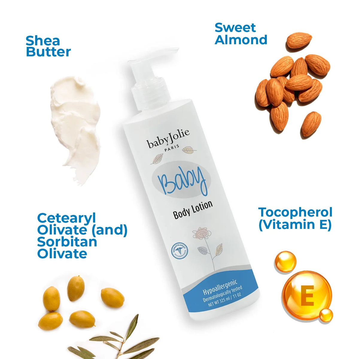 Baby Jolie 11oz body lotion bottle surrounded by shea butter, almonds, olives, and Vitamin E oil drops on white.