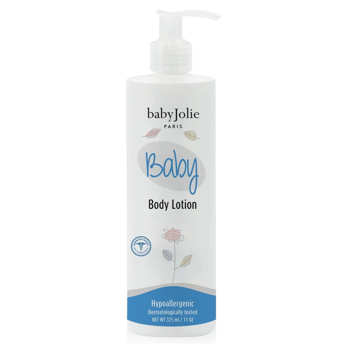 White 11oz pump bottle of Baby Jolie body lotion with floral accents and blue base, featuring pediatrician-recommended label.