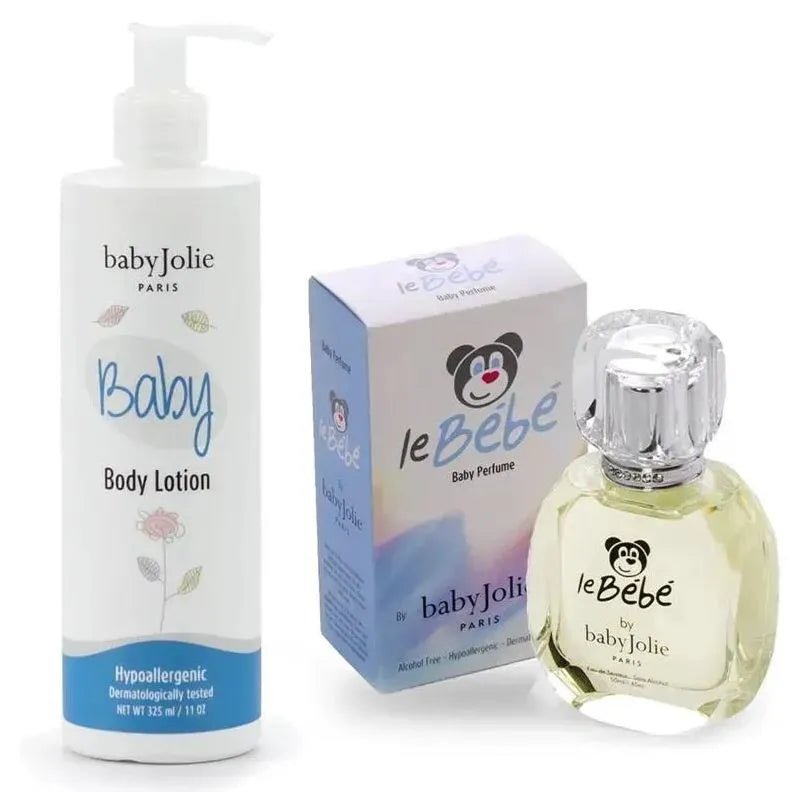 Baby Jolie body lotion pump bottle and Le Bébé perfume bottle with its box on a white background.
