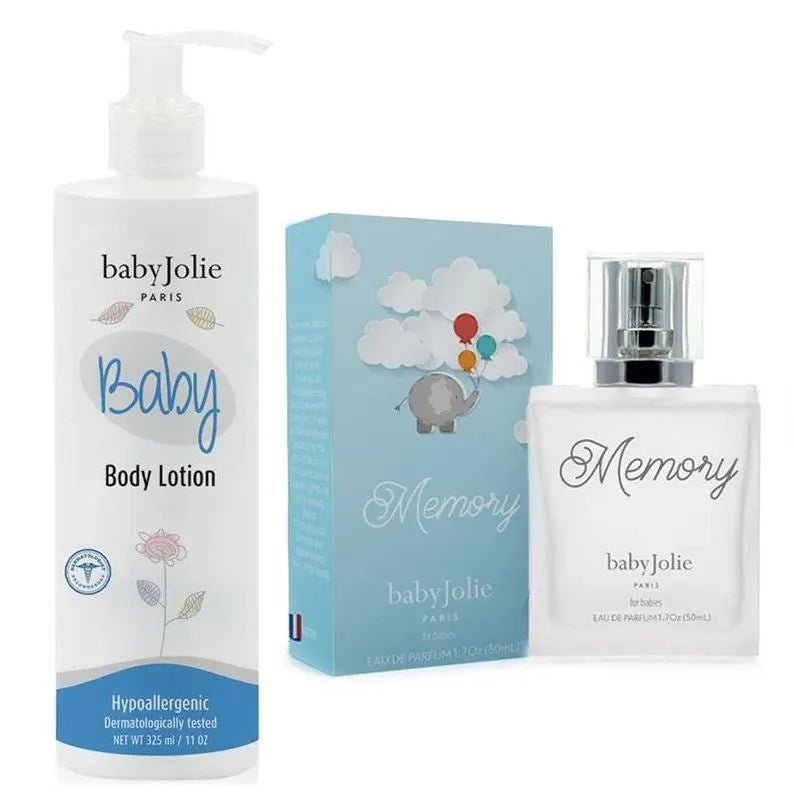 Baby Jolie body lotion pump bottle and Memory perfume bottle with a light blue elephant-themed gift box.