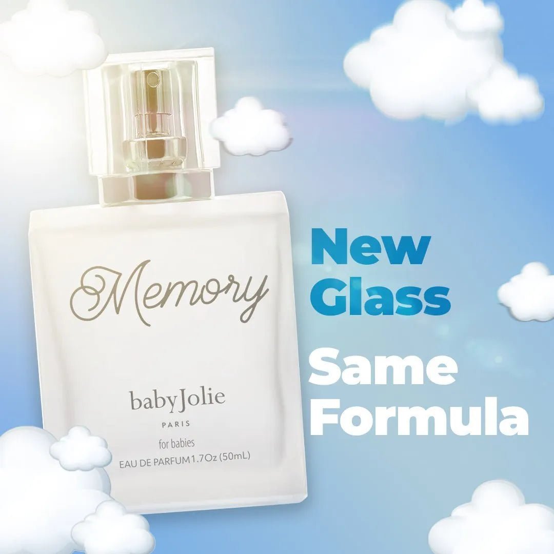 Baby Jolie Memory perfume in a white glass bottle against a blue sky background with white clouds and text overlay.