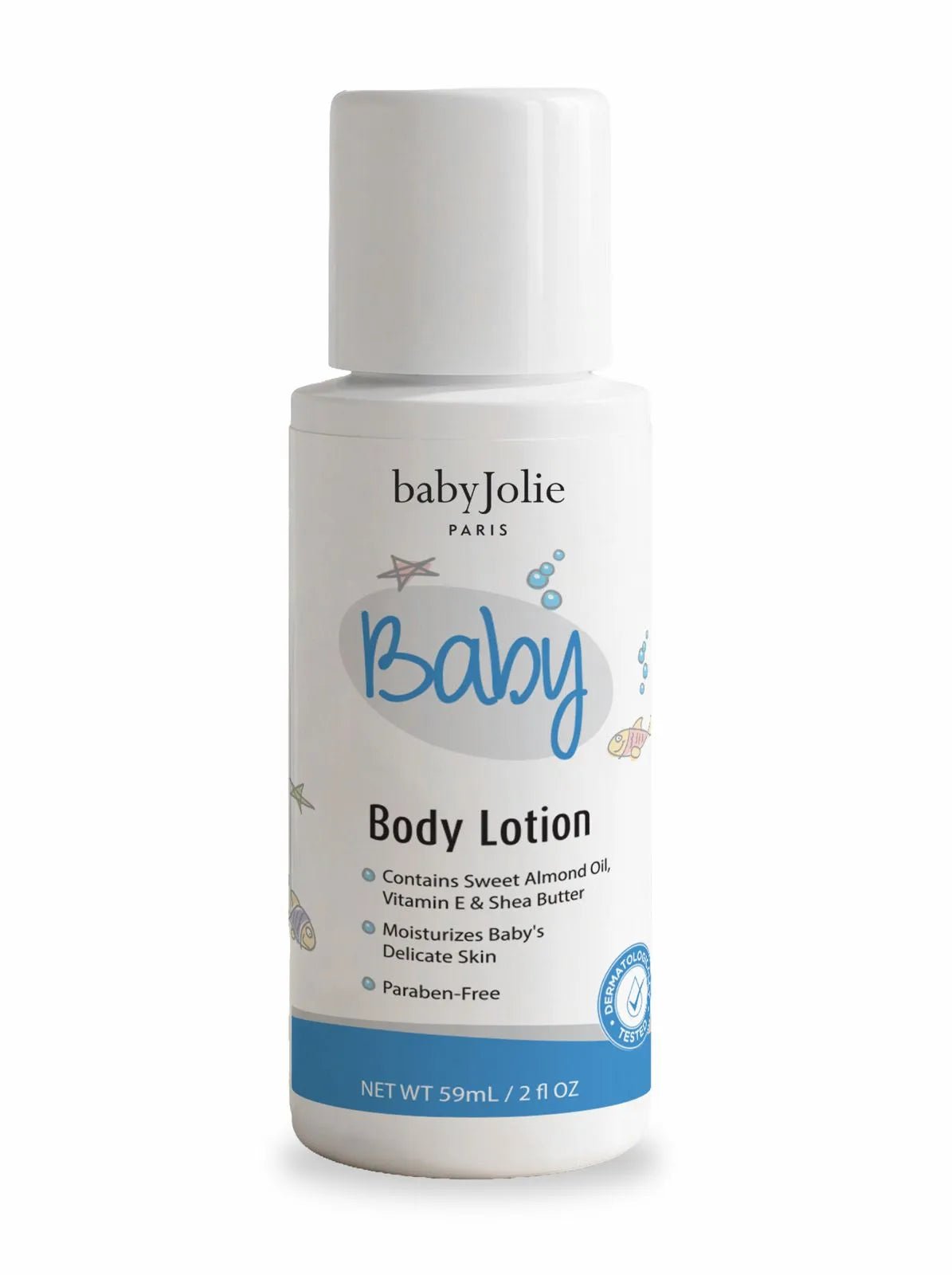 Baby Jolie 2oz travel-size body lotion bottle with white cap, blue accents, and playful sea creature illustrations.