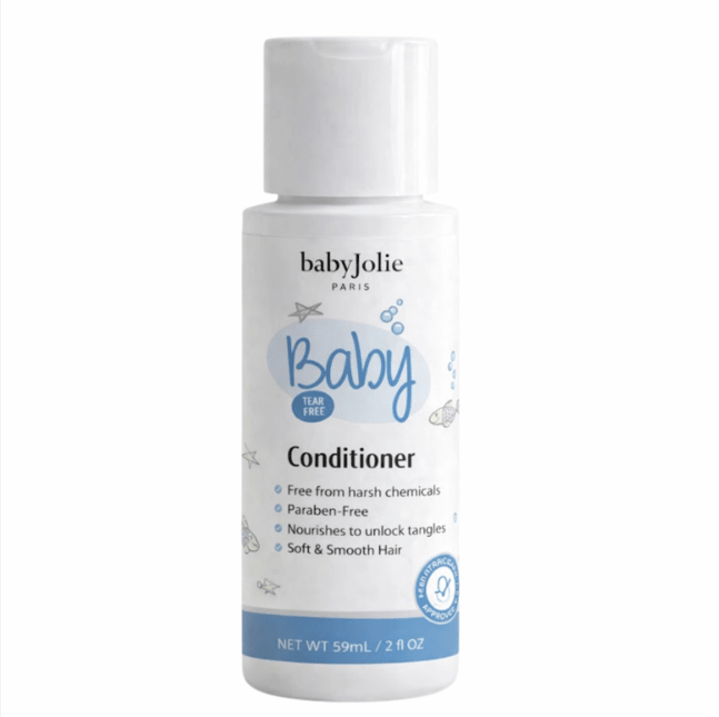 Baby Jolie 2 oz travel-size baby conditioner bottle with white cap and blue label featuring sea-themed illustrations.