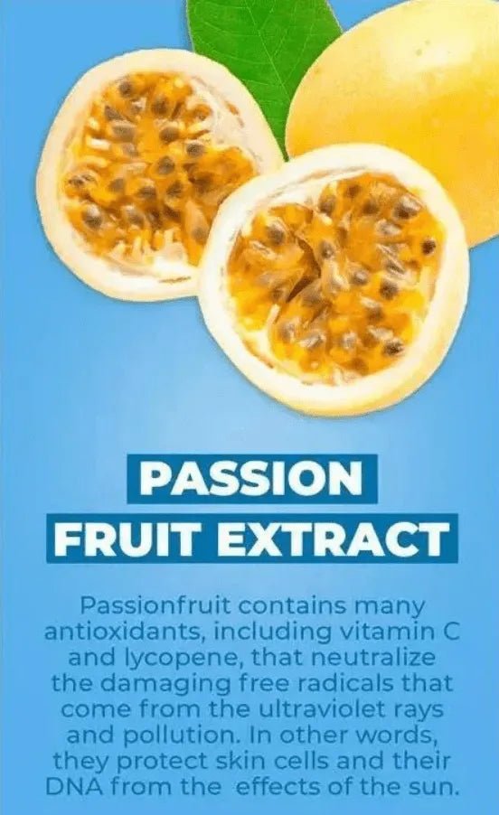 Sliced passion fruit on a light blue background with text explaining the benefits of passion fruit extract for skin.