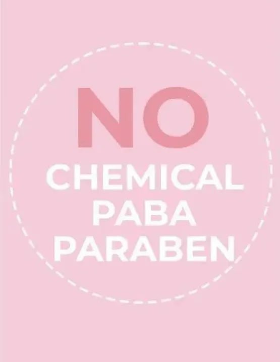 Light pink graphic featuring a dashed circle with text stating no chemical, PABA, or paraben ingredients.
