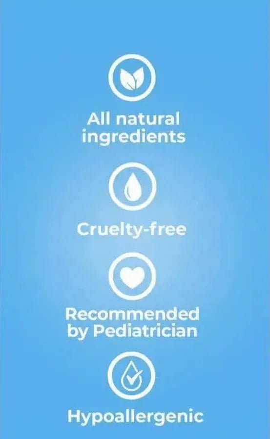 Blue background with white icons and text listing natural, cruelty-free, pediatrician-recommended, and hypoallergenic features.