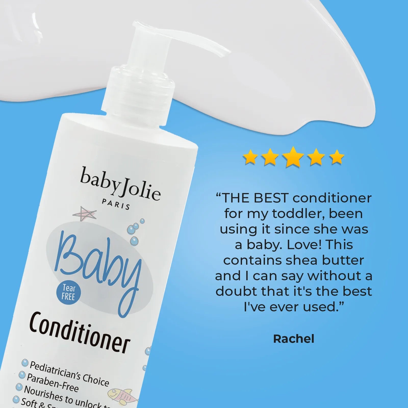 Baby Jolie Paris baby conditioner bottle with a pump dispenser against a blue background with a five-star customer review.