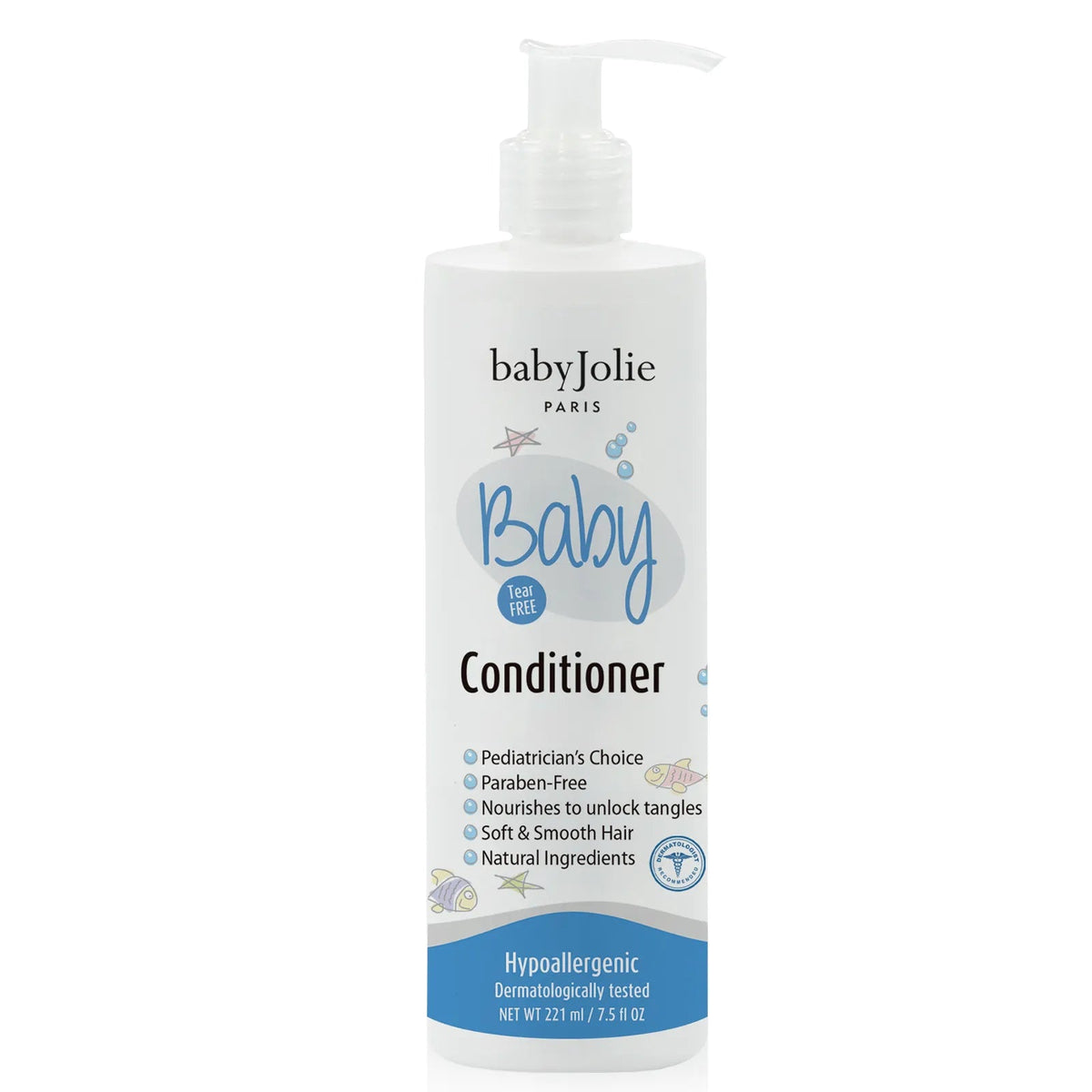Baby Jolie 7.5oz white pump bottle of tear-free baby conditioner with blue branding and playful fish illustrations.