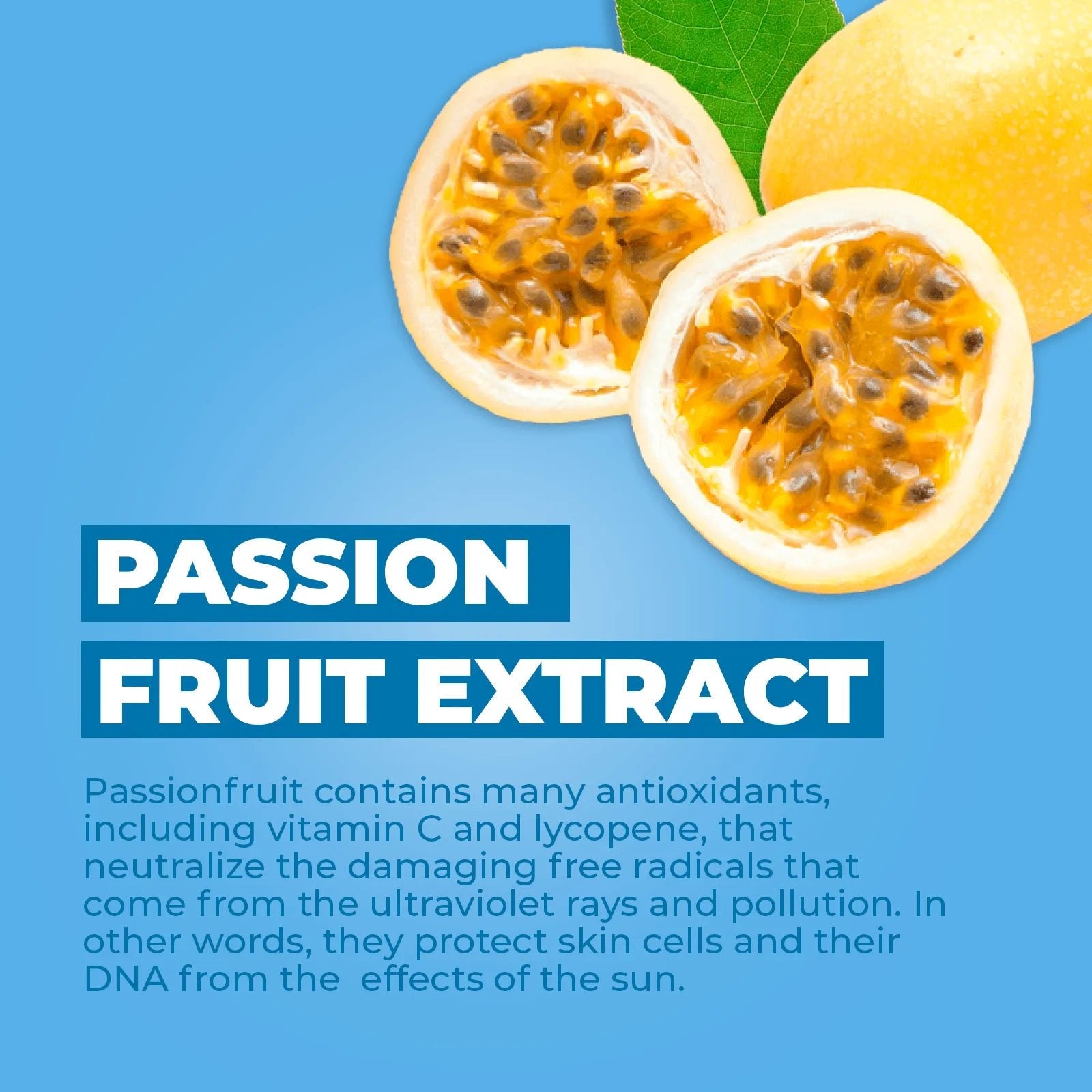 Fresh passion fruit halves and a green leaf against a bright blue background with text about passion fruit extract benefits.
