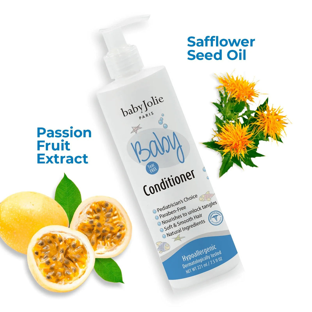 Baby Jolie 7.5oz tear-free hair conditioner bottle with pump, featuring passion fruit and safflower seed oil illustrations.