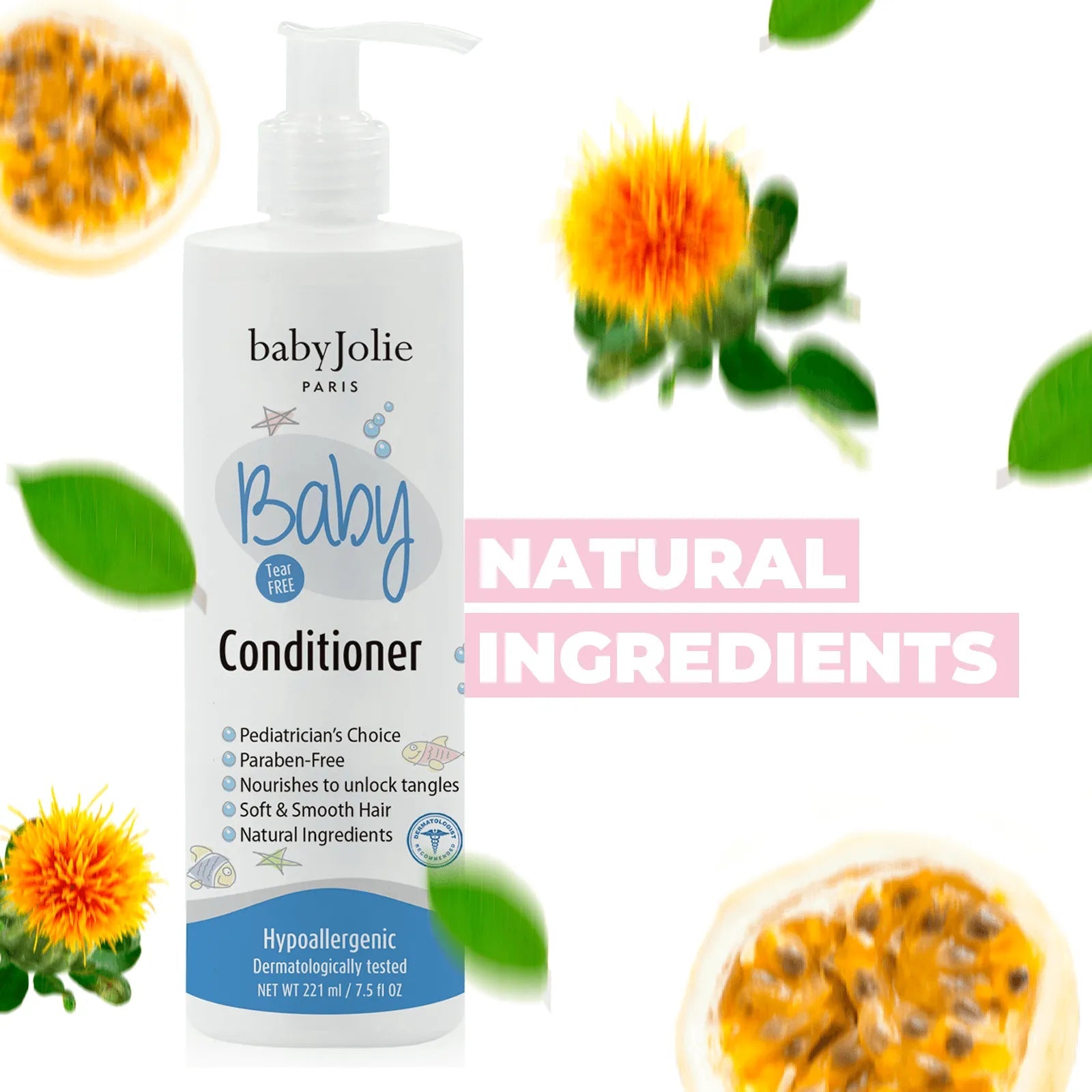 Baby Jolie 7.5oz white pump bottle of tear-free baby conditioner with natural ingredient graphics on a white background.