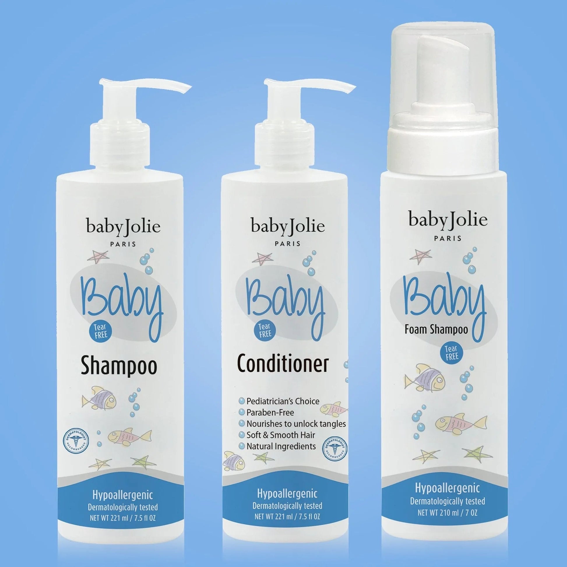 Baby Jolie three-piece baby hair care set featuring shampoo, conditioner, and foam shampoo in white pump bottles.