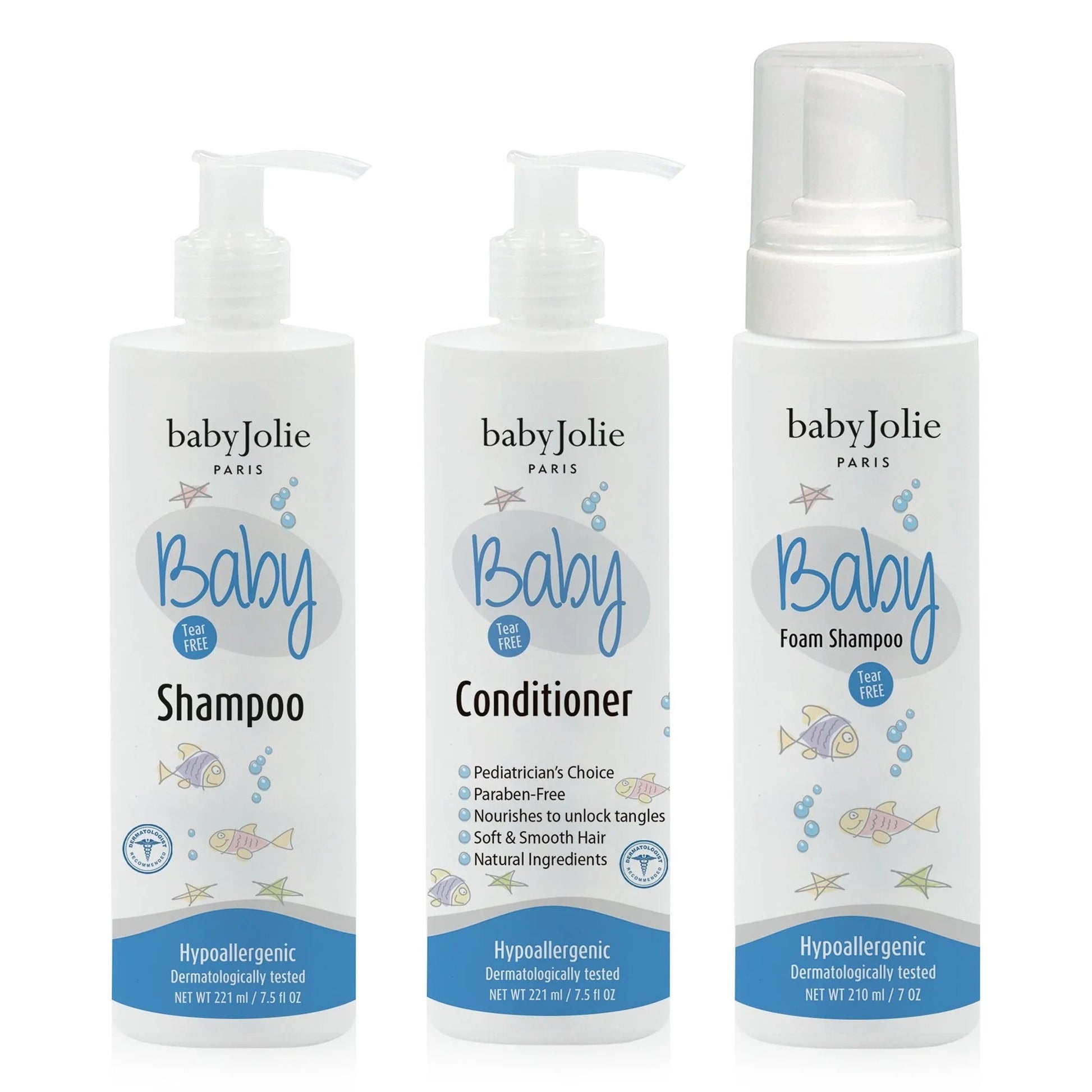 Baby Jolie three-piece baby hair care bundle with white pump bottles, blue labels, and playful fish illustrations.