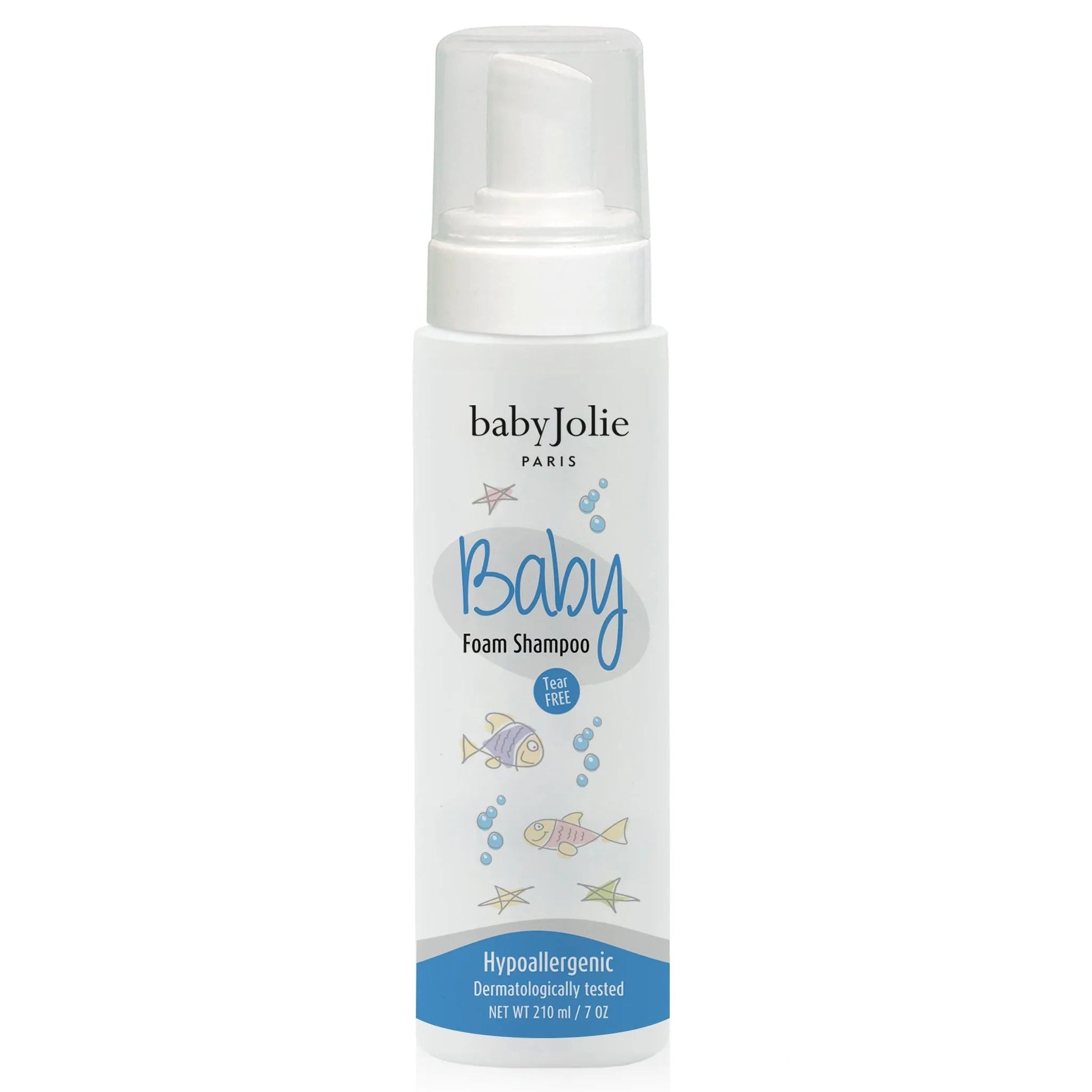 Baby Jolie 7oz tear-free foam shampoo bottle with a white pump dispenser and playful fish and bubble illustrations.