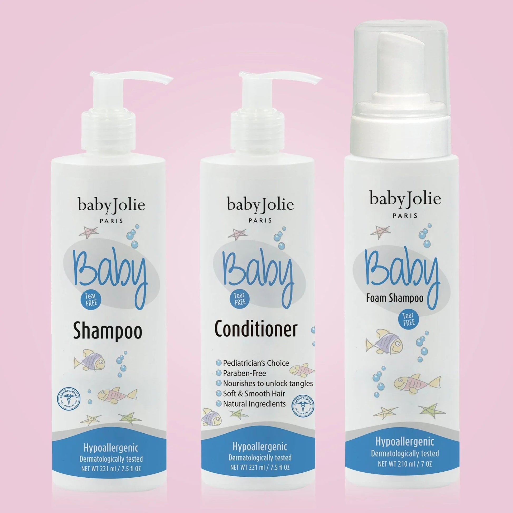 Baby Jolie three-piece baby hair care bundle with shampoo, conditioner, and foam shampoo in white pump bottles.