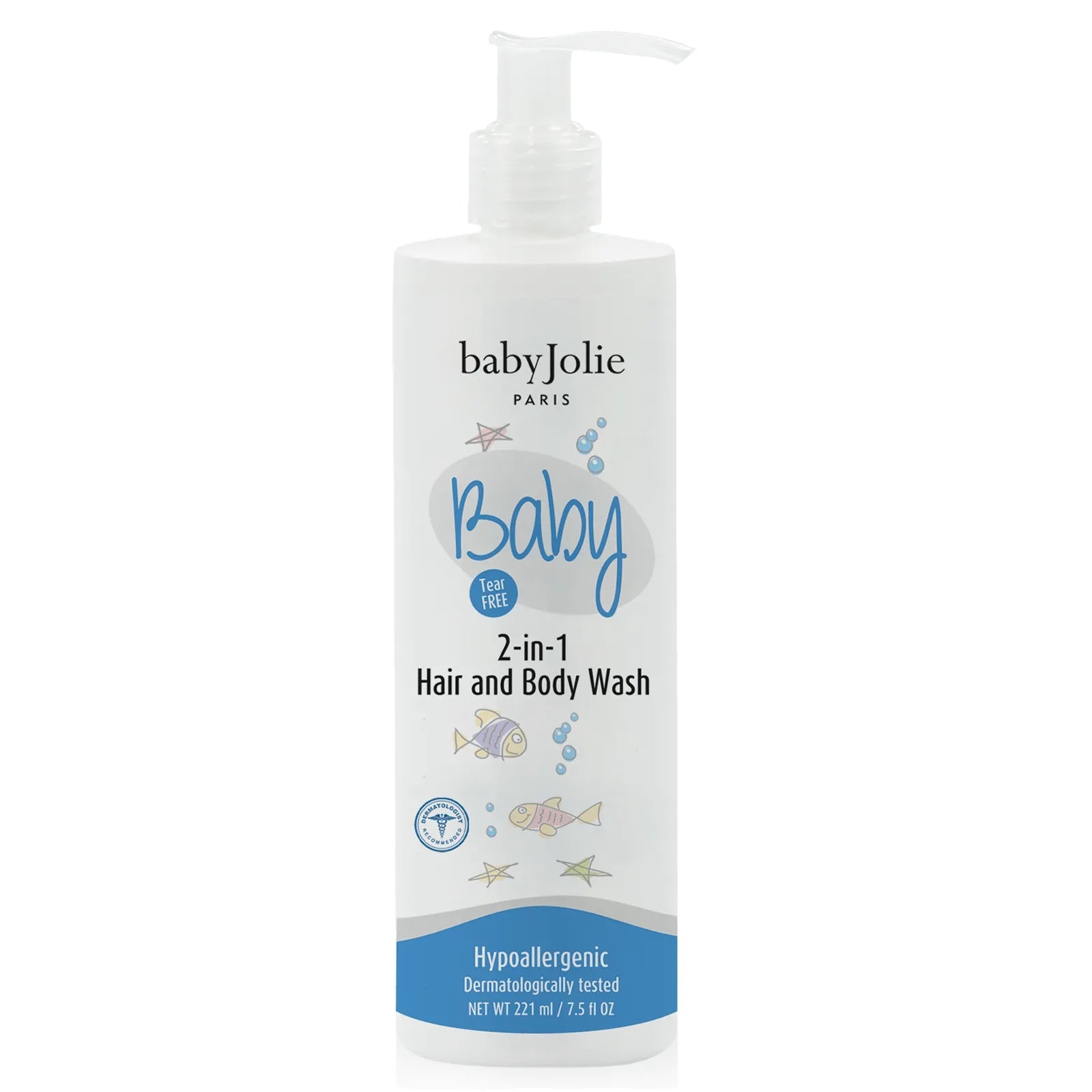 White 7.5oz pump bottle of Baby Jolie 2-in-1 tear-free hair and body wash with colorful fish and star illustrations.