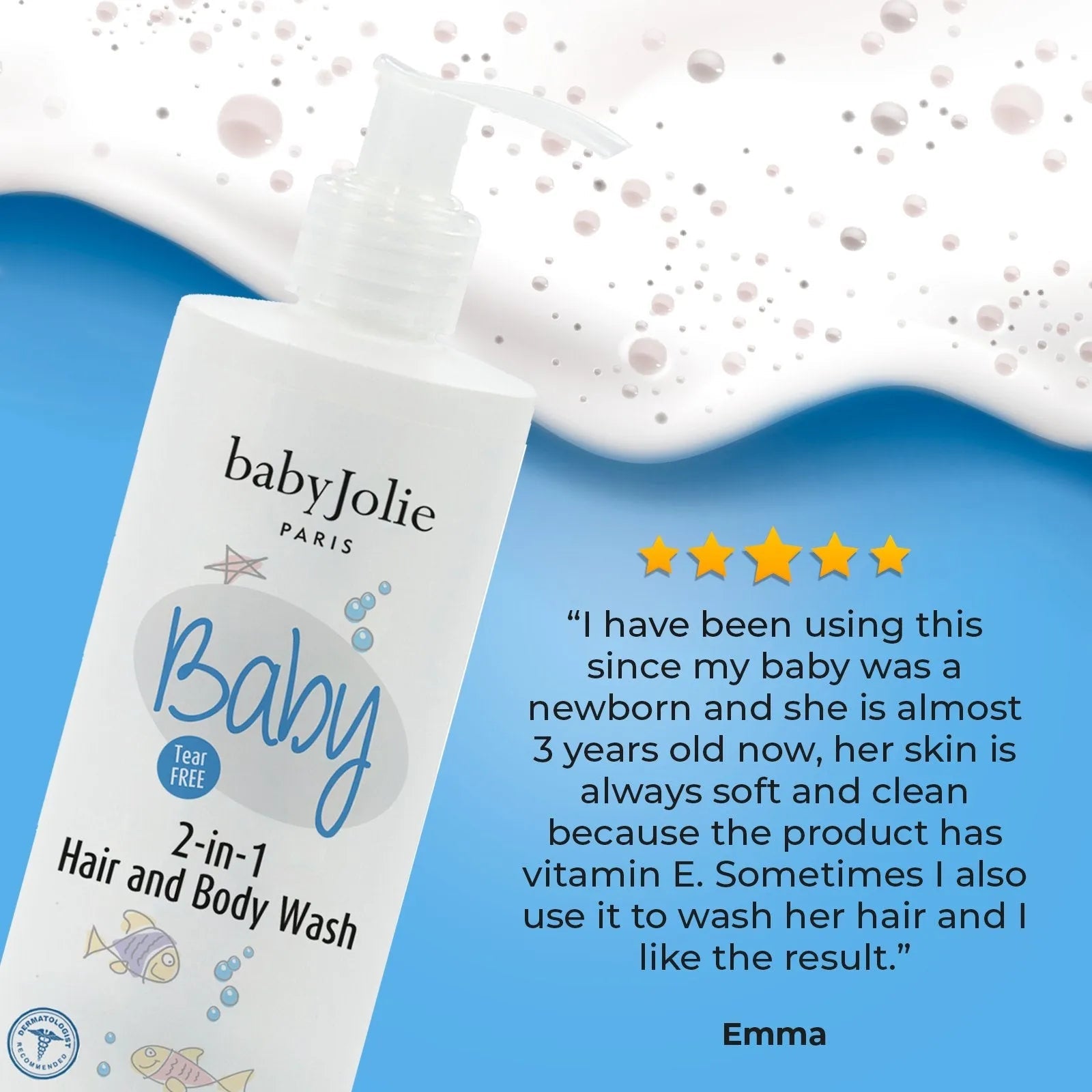 White pump bottle of Baby Jolie 2-in-1 hair and body wash with a blue background and a five-star customer review.