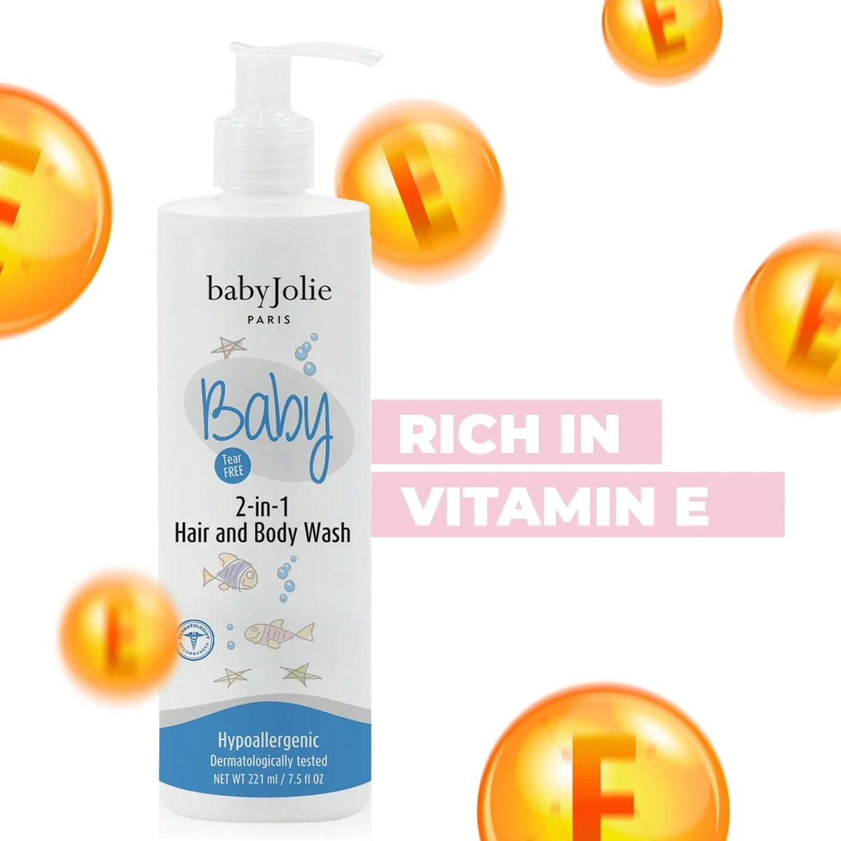 Baby Jolie 2-in-1 hair and body wash bottle with pump, featuring a white label with blue fish graphics and Vitamin E bubbles.