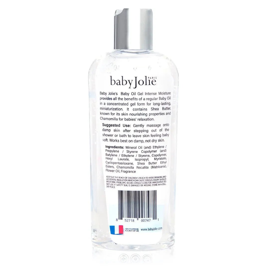 Clear bottle of babyJolie intensive moisture oil gel with black text label, ingredients list, and barcode on white background.