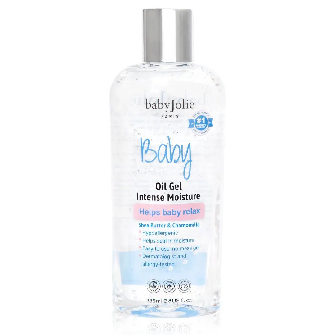 Clear 236ml bottle of Baby Jolie intensive moisture oil gel with a silver cap and blue and pink label details.