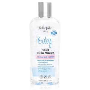 Clear 236ml bottle of Baby Jolie intensive moisture oil gel with a silver cap and blue and pink label details.