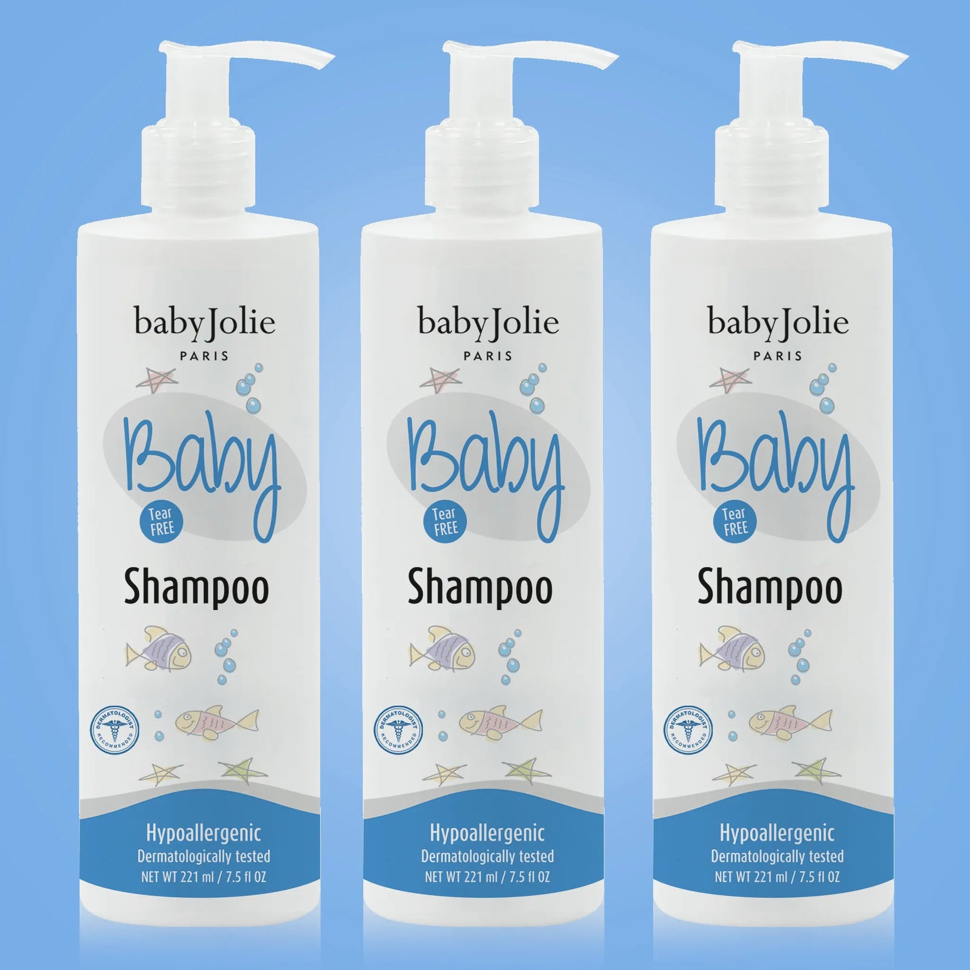 Three 7.5oz bottles of Baby Jolie tear-free shampoo with white pump dispensers and playful fish and star graphics.
