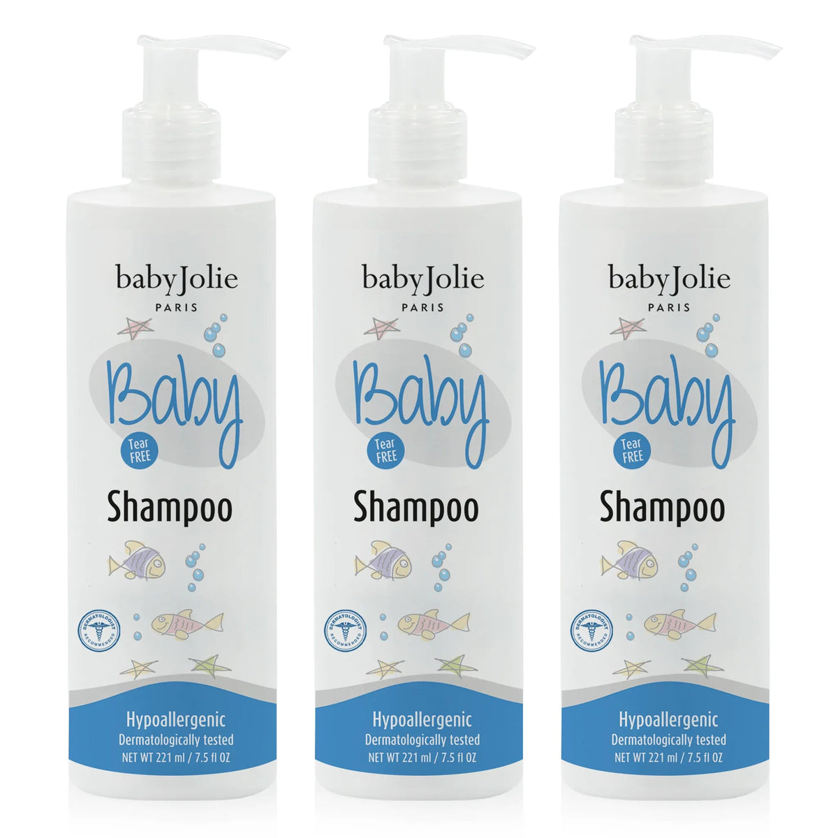 Three white 7.5oz pump bottles of Baby Jolie tear-free baby shampoo with blue labels and cute fish illustrations.