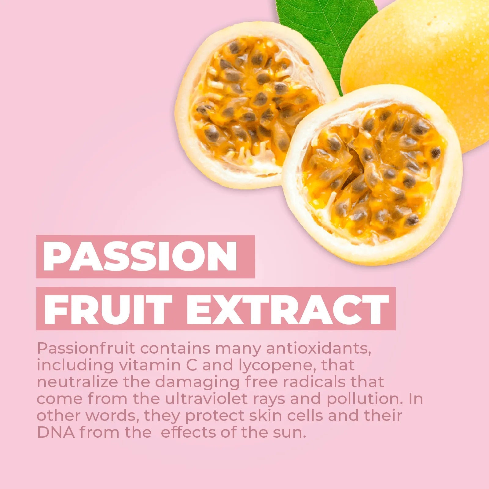 Fresh passion fruit halves on a soft pink background with text highlighting passion fruit extract benefits.