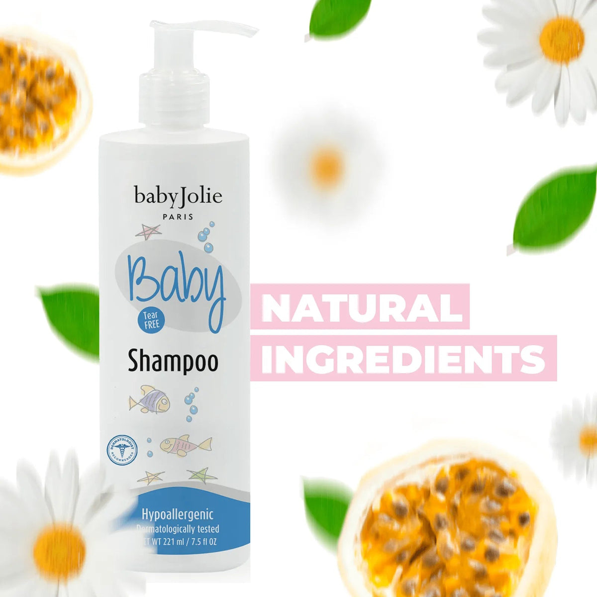 Baby Jolie 7.5oz tear-free baby shampoo bottle with pump dispenser, featuring playful fish graphics and natural floral accents.